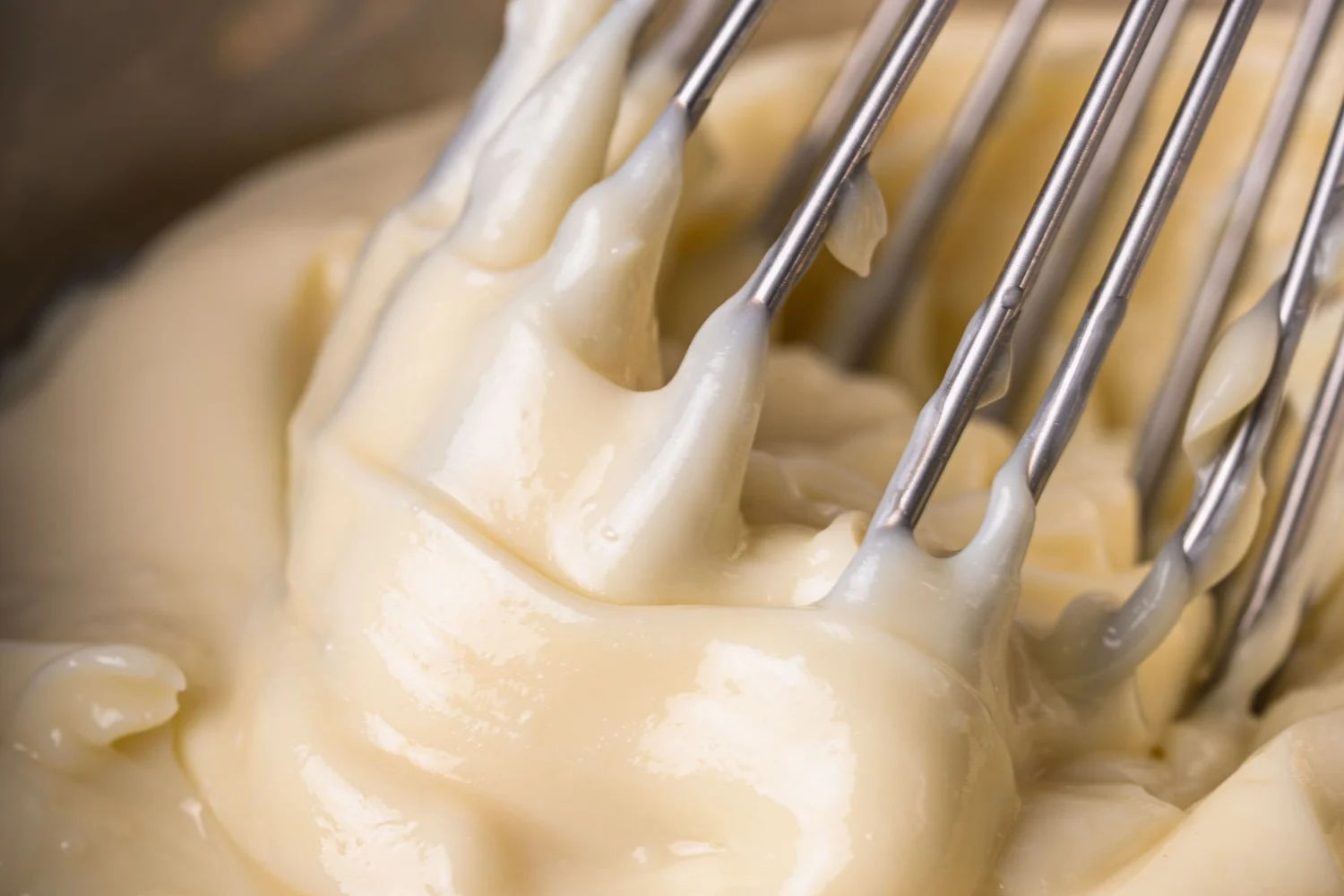 Primo piano di una crema chiara e densa lavorata con una frusta in una ciotola di metallo
